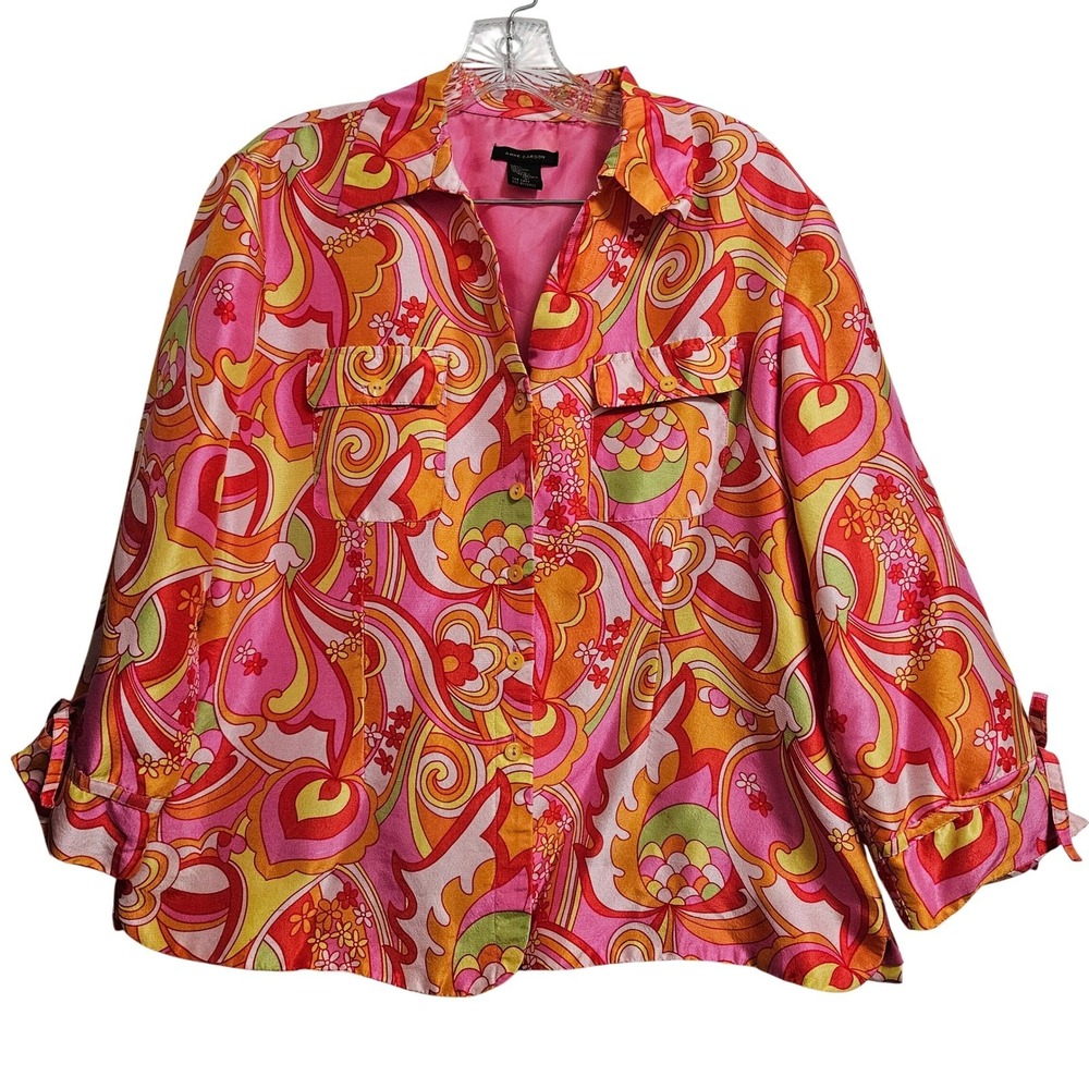 Anne Carson Psychedelic Paisley 100% Silk Top Womens L Pink Orange Floral Button
